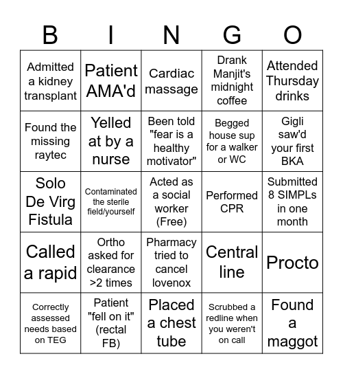 Surgery intern bingo Card