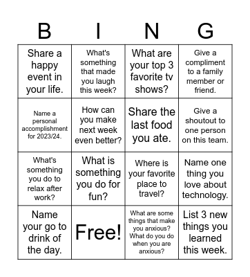 Questions Bingo Card