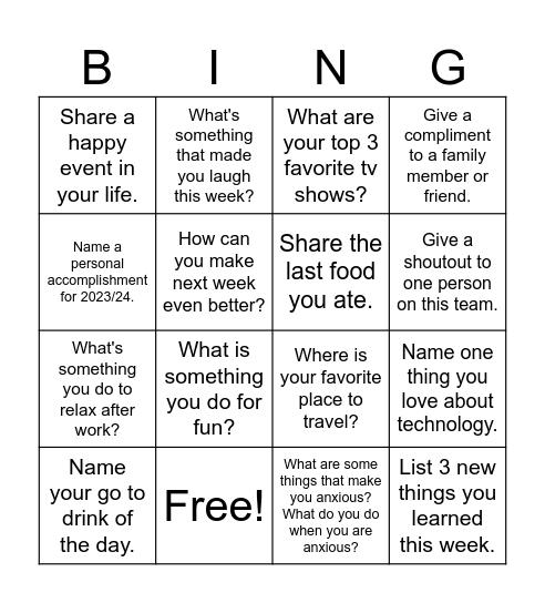 Questions Bingo Card