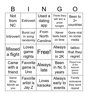 Not Your Average Game Night Bingo Card
