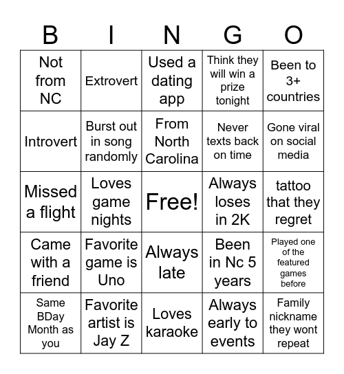 Not Your Average Game Night Bingo Card