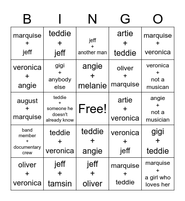 band game kiss list Bingo Card