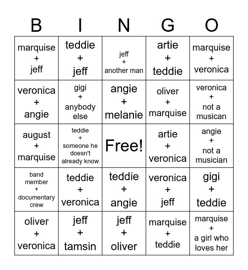band game kiss list Bingo Card