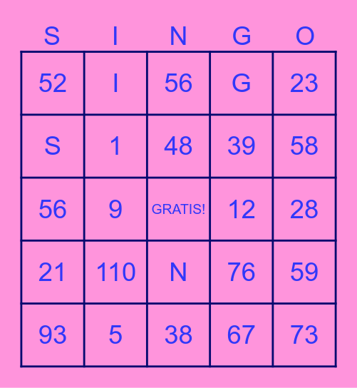 SINGO: THE GAME Bingo Card