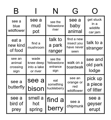 Yellowstone Bingo Card