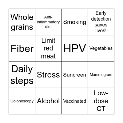 Reduce Your Risk for Cancer! Bingo Card
