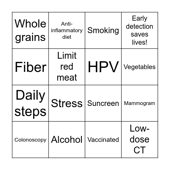 Reduce Your Risk for Cancer! Bingo Card