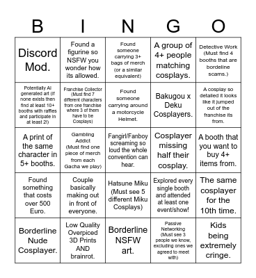 Comic Con Bingo Card