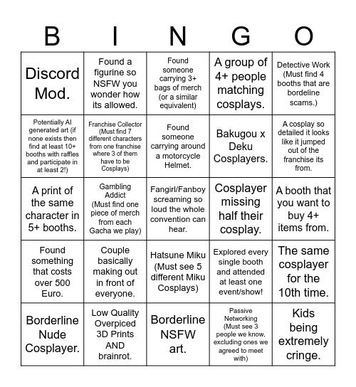 Comic Con Bingo Card