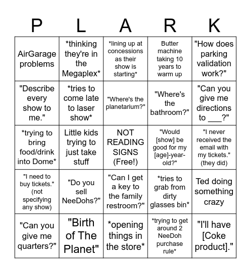 Planetarium GET Staff Bingo Card