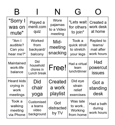 Work From Home Bingo Card
