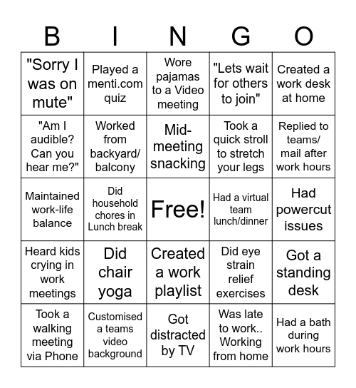 Work From Home Bingo Card