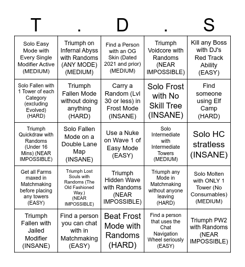 Eclipse's TDS Challenges Bingo Card