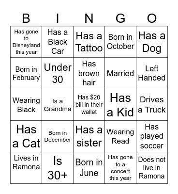 First 5 wins! Bingo Card