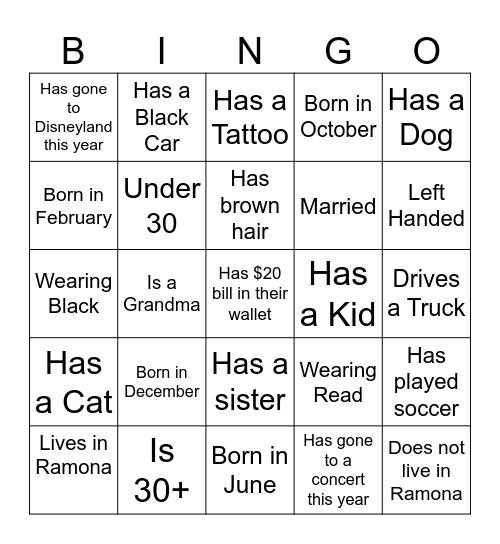 First 5 wins! Bingo Card