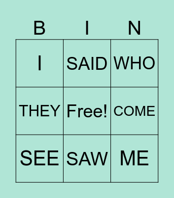 Sight Word Bingo Card