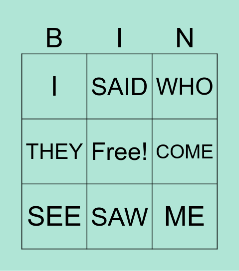 Sight Word Bingo Card