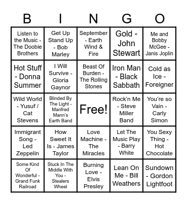 70's Hits Bingo Card