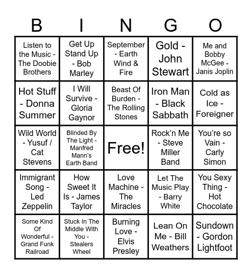 70's Hits Bingo Card
