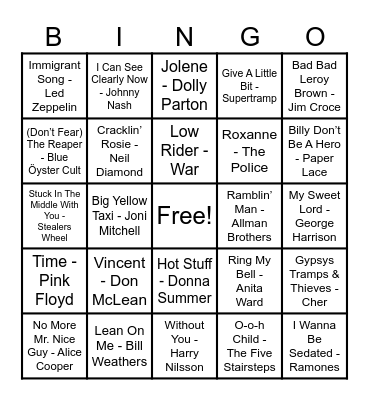 70s Hits! Bingo Card