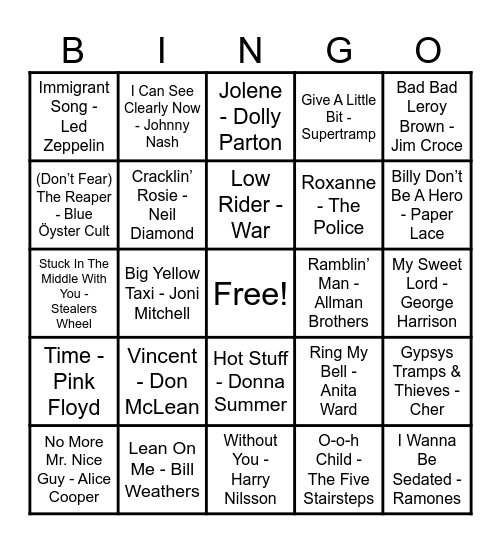 70s Hits! Bingo Card