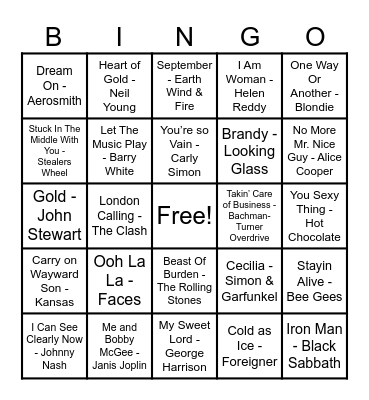 70s Hits! Bingo Card