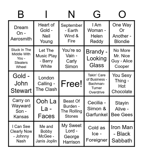 70s Hits! Bingo Card
