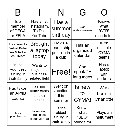 CYMA Bingo Card Bingo Card