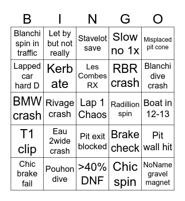 iRacing Spa 24h Bingo Card