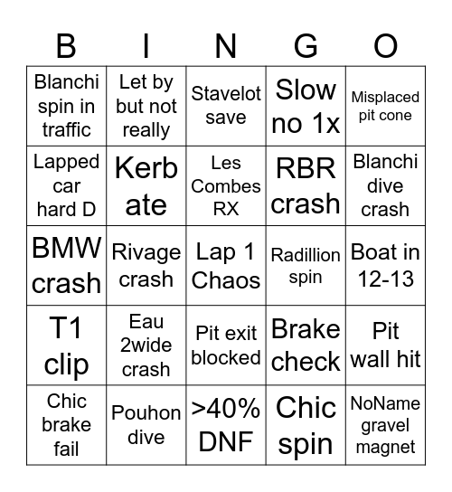 iRacing Spa 24h Bingo Card