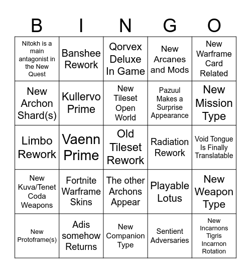 Tennocon 2026 Prediction Bingo Card