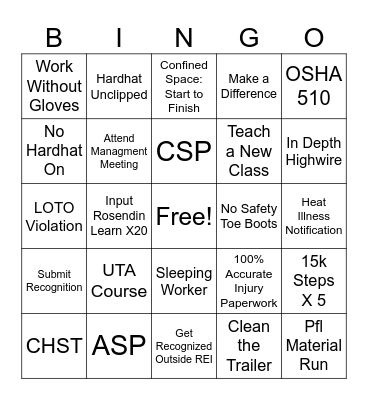 Austin Safety Bingo Card
