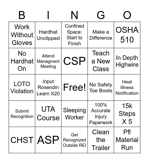Austin Safety Bingo Card