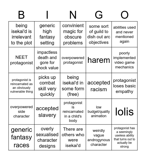 isekai bingo card Bingo Card