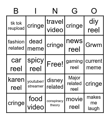 Instagram reel bingo Card