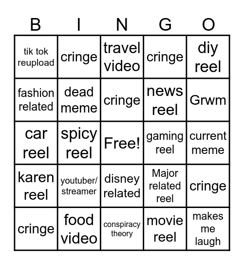 Instagram reel bingo Card