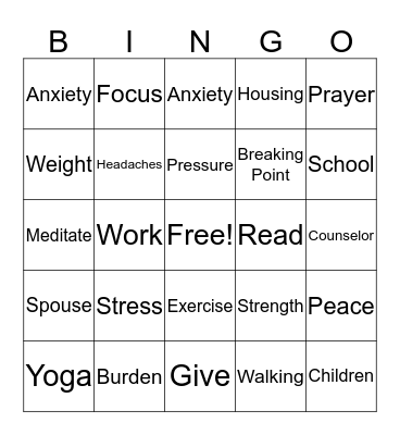 Stress Management Bingo  Bingo Card