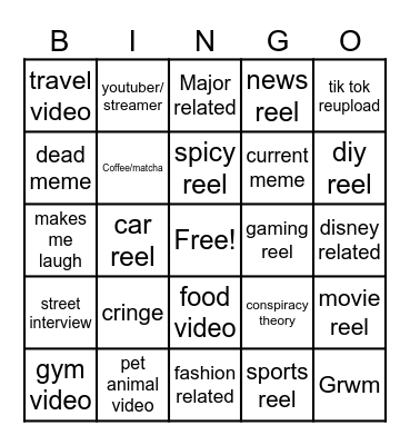 Instagram reel bingo Card