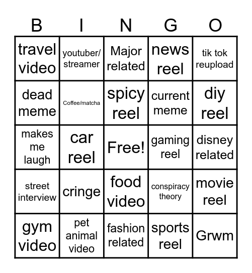 Instagram reel bingo Card