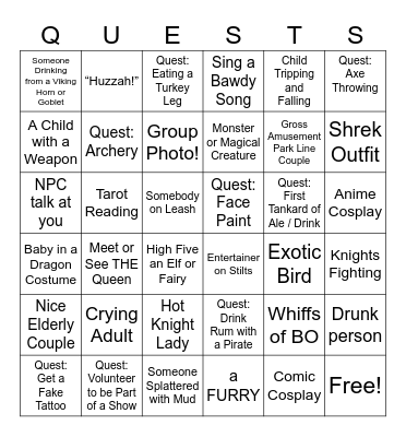 Renaissance Fair: Prize Pub Crawl Ticket Bingo Card