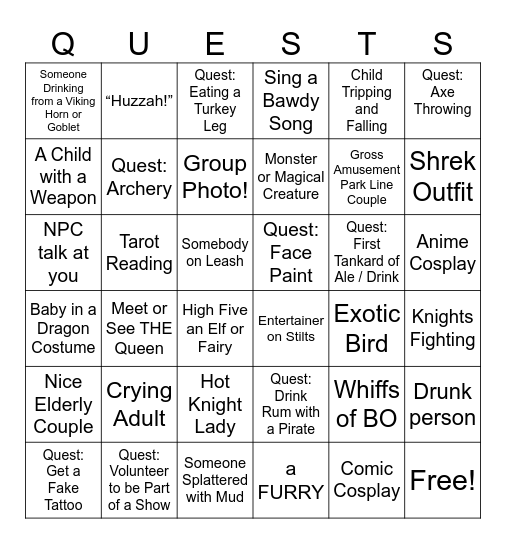 Renaissance Fair: Prize Pub Crawl Ticket Bingo Card
