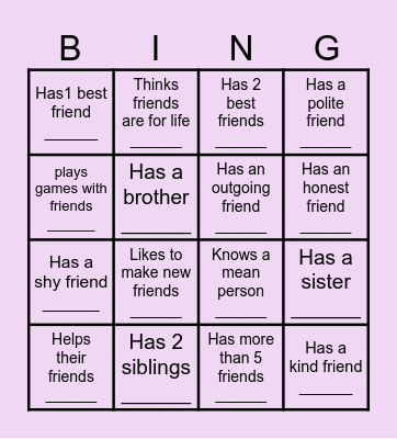 Friendship - Bingo Card