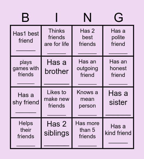 Friendship - Bingo Card