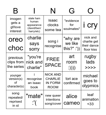 Heartstopper Movie Bingo Card