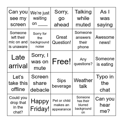 Staff meeting Bingo Card