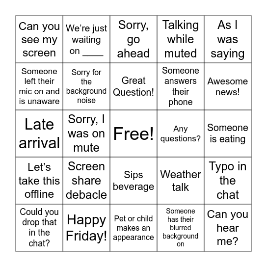 Staff meeting Bingo Card