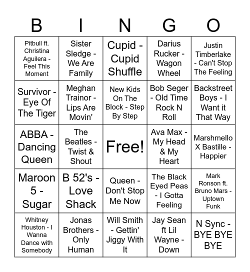 Party Songs Bingo Card