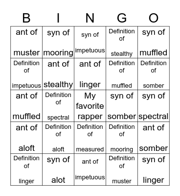 Lesson 11 Vocabulary Bingo Card