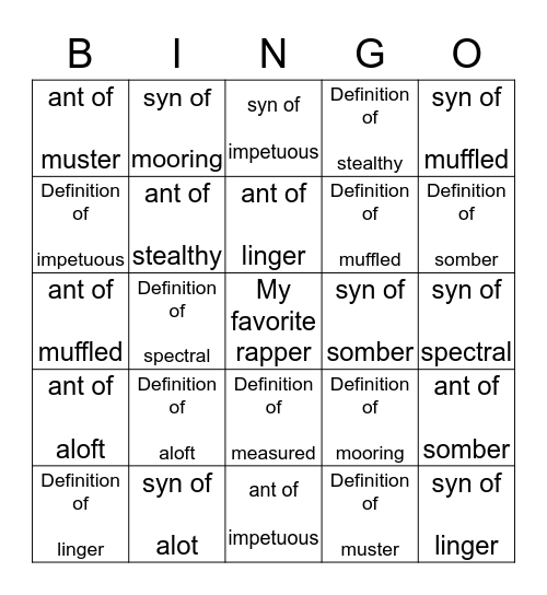 Lesson 11 Vocabulary Bingo Card