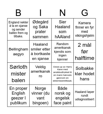 Norge - England Bingo Card